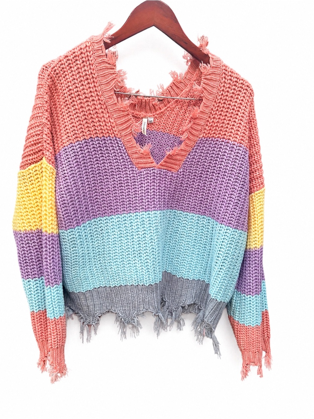Frayed Stripe V-Neck Sweater in Coral, Lavender & Aqua